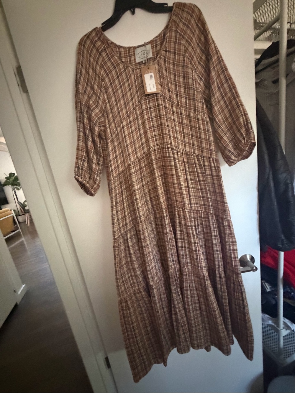 NWT Tiered Plaid Maxi Dress in Brown from Long Island Boutique Lido World